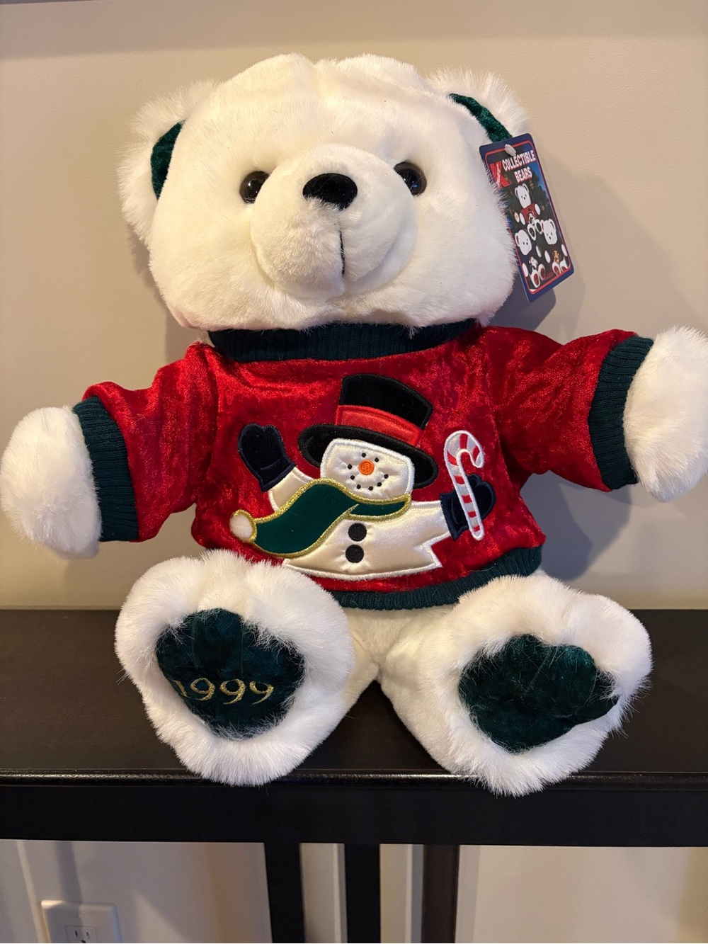 1999 Kmart Christmas White Plush Bear with Red Holiday Sweater and Green Accents